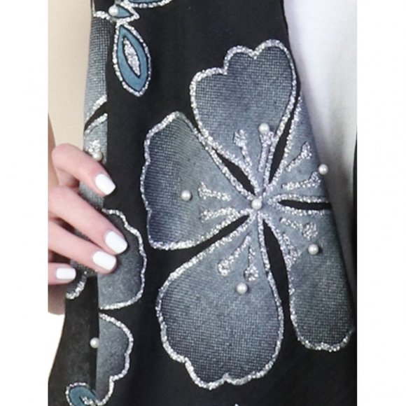 Butterfly Print Fashion Scarf w/ Pearl - Black - Picture 2 of 2